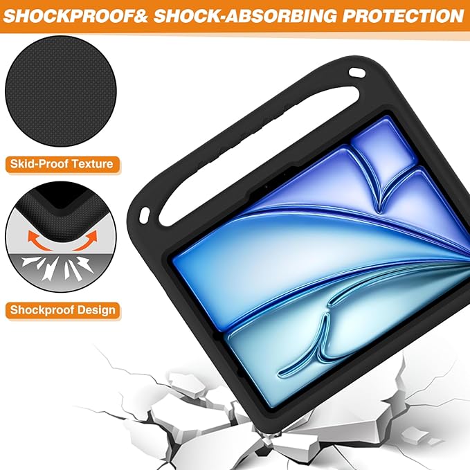 Kids Case for iPad Air 11 inch M4/M3/M2 (2026/2025/2024) & iPad Pro 11 inch M5/M4 (2025/2024) with Pencil Holder/Handle/Kickstand Lightweight Shockproof Cute Soft EVA Foam Stand Cover, Black