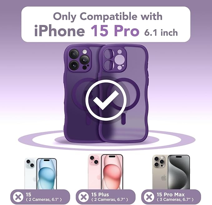 CAPRARO Cute for iPhone 15 Pro Case, Compatible with MagSafe, [Curly Wave Edge] [Full Camera Protection] [14 FT Drop Protection] Magnetic Phone Case for 15 Pro 6.1 Inch, Deep Purple