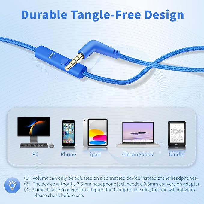 Botesty Sound Wired Headphones with Microphone, Over Ear 3.5mm Plug in Headphones with 4.9ft Tangle-Free Nylon Cord for Tablet, Laptop, MP3/4, School, Airplane Travel (Blue)