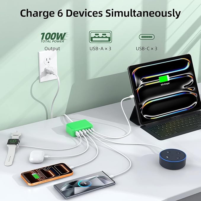 Updated USB C Fast Charger Block, 100W GaN 6 Port PD USB C QC USB A Wall Charger Adapter Plug Cube, Type C Charging Station Hub for iPhone 17 16 15 14 13 Pro Max iPad Samsung Pixel 5ft Extension Cord