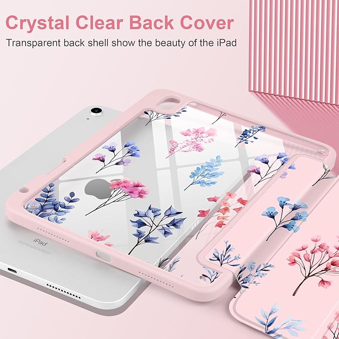 Case for iPad Air 11 inch M4 2026 M3 2025 M2 2024 Release with Pencil Holder Clear Back Shell Pink Lightweight Shockproof TPU Edge Trifold Stand Auto Wake Sleep Cute Cover, Hand-Drawn Florals