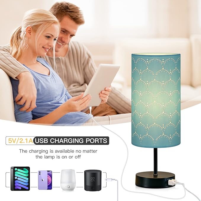 CINSARY Touch Control Bedside Lamp with 2 USB Ports, 3-Way Dimmable Table lamp for Bedroom, Nightstand Lamp with Round Blue Fabric Shade for Living Room Home Office (E26 LED Bulb Included)