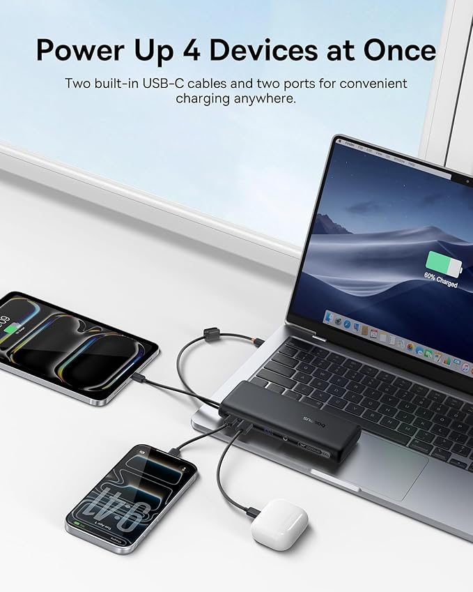 Baseus 100W Power Bank 20000mAh, Portable Laptop Charger with Built-in USB-C Dual Cables, Travel Essential PD QC Fast Charging for MacBook, iPad, iPhone 17/16, Samsung, Steam Deck, TSA-Approved