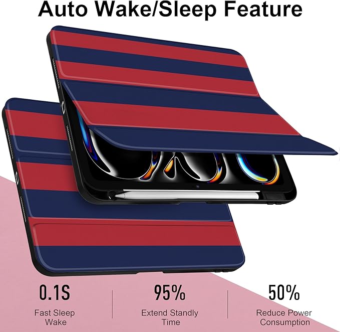 Case for iPad Pro 11 inch (M5) 2025 (M4) 2024 Release Slim Lightweight Stripe Design Cover with Clear Back TPU Edge Pencil Holder Trifold Stand, Red Blue Stripes