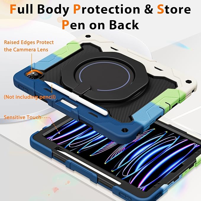 ROISKIN for iPad Pro 12.9 -Inch Case (6th, 5th, 4th & 3rd Gen)with HD Screen Protector, 360 Stand, Handle, Pencil Holder,Shoulder Strap[15ft Drop Protection]Rugged Bulky Full Body 12.9 iPad Pro Case