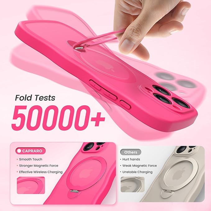 CAPRARO for iPhone 13 Pro Case with 360° Spin Magnetic Stand for Women, [Compatible with MagSafe] [Full Camera Protection] Cute Wave Translucent Matte Case for iPhone 13 Pro, Hot Pink