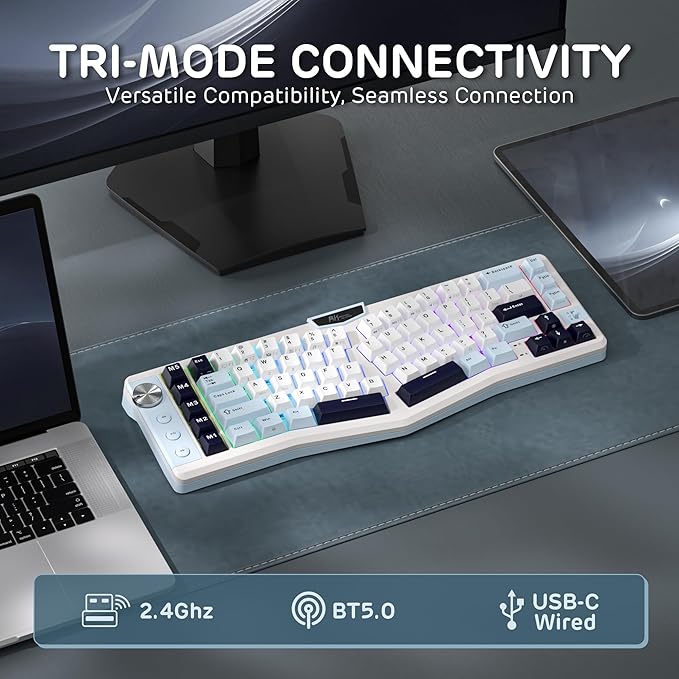 RK ROYAL KLUDGE A72 Alice Ergonomic Wireless Mechanical Keyboard w/Knob/Macro Keys/Touchable Nameplate, Tri-Mode 68% 72-Key Gasket Keyboard BT/2.4G/USB-C, Hot Swap, Win/Mac Software, 7500mAh Battery