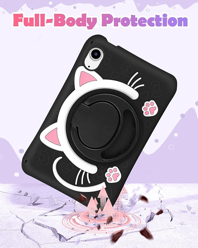 Wazzasoft for iPad mini 7 A17 Pro 2024, for iPad mini 6 Case 8.3 Inch Girls Cute Black Cat Cover Girly Kawaii Women with Rotating Stand & Strap Soft Silicone Funda for iPad mini 7th/6th Gen Cases