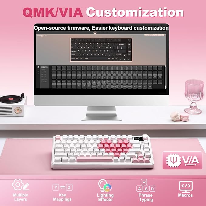 YUNZII B75 PRO MAX QMK/VIA Wireless Mechanical Keyboard,75% Layout with Screen and Knob,Custom Hot Swap Gasket,Creamy Pre-lubed Switches,Bluetooth/Type-C/2.4G for Win/Mac (White Heart,Candy Switch)