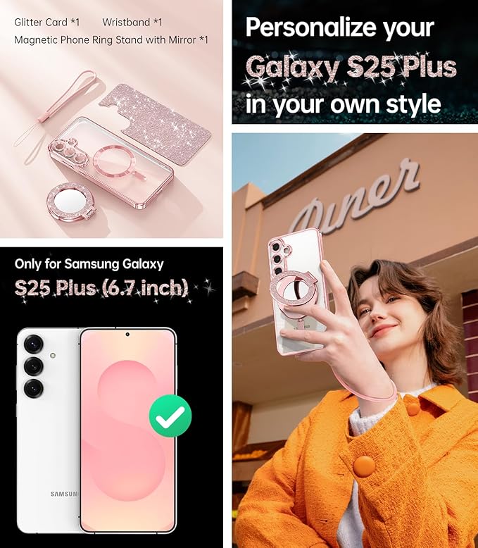 Meifgino Magnetic Case with Removable Phone Ring Stand for Samsung Galaxy S25 Plus, [Glitter Card & Wrist Strap] [MagSafe Compatible] [Built in Mirror] Phone Ring Stand + Phone Case Kit, Rose Gold