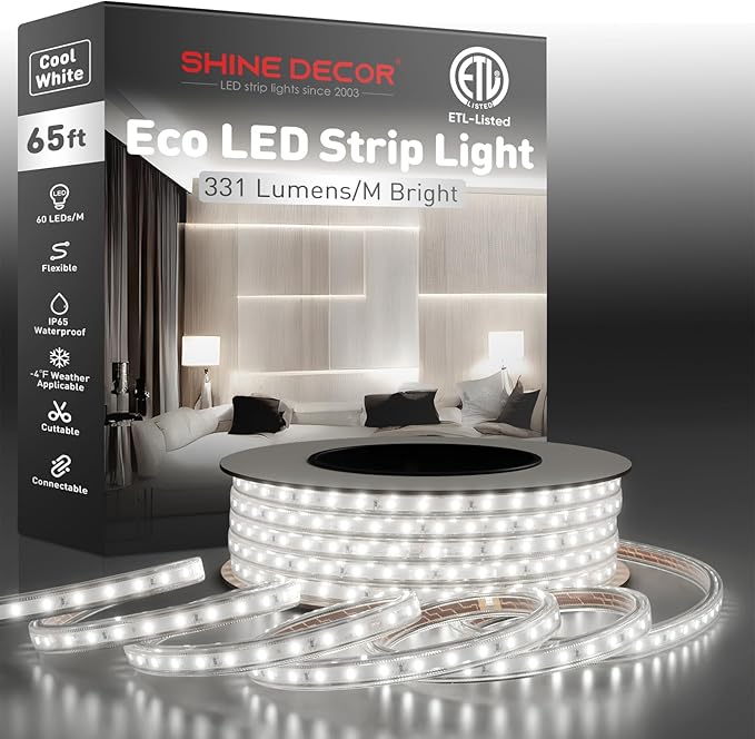 Shine Decor LED Strip Light Easy Connectable, 6000K Cool White Cold Resist Weatherproof Plug-in for Indoor Outdoor, 101 LM/FT Dimmable Bright Eco Rope Lighting 65FT, 120V Whole Set ETL Listed