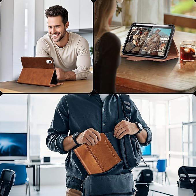 Gexmil Premium Leather Case for iPad mini 7 (A17 Pro) 2024 / iPad mini 6 Generation 2021 8.3 Inch,Pencil Holder, Magnetic Closure,Shockproof Cowhide Cover,Adjustable Stand,Vegetable Tanned Brown