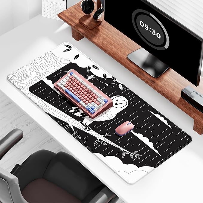 Auhoahsil Ultra Large Gaming Mousepad, XXL Extended Full Size Desktop Matt for Keyboard, Laptop & Computer, 35.5 x 15.7 in, Gothic Black White Owl