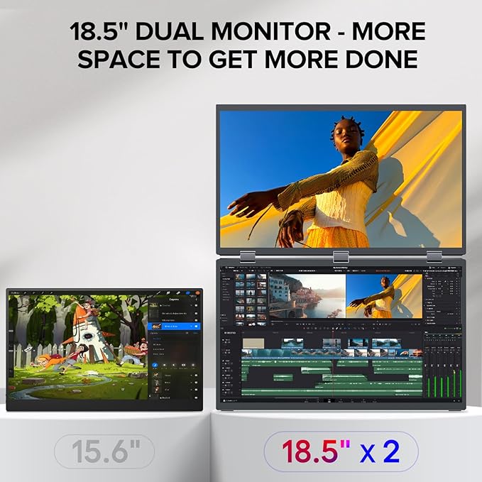 UPERFECT Delta Max 18.5" 100Hz Dual Portable Monitor for Laptop Screen Extender 1080P HDR 360° Folding Stacked Triple Monitor with Stand & VESA for Laptop PC Phone Game Console (No Driver Needed)