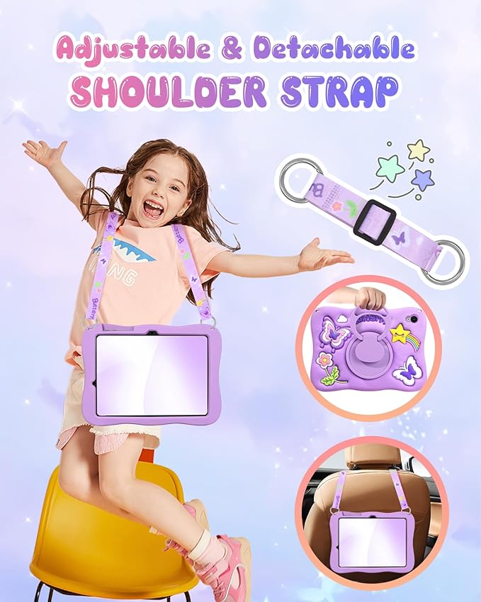 Kidcube for Galaxy Tab S10 FE Case, for Samsung Galaxy Tab S9 FE Case 10.9" - Girls Cute Kawaii Girly 3D Purple Butterfly Design Cover with Rotating Stand & Strap Unique Silicone Women Tablet Covers
