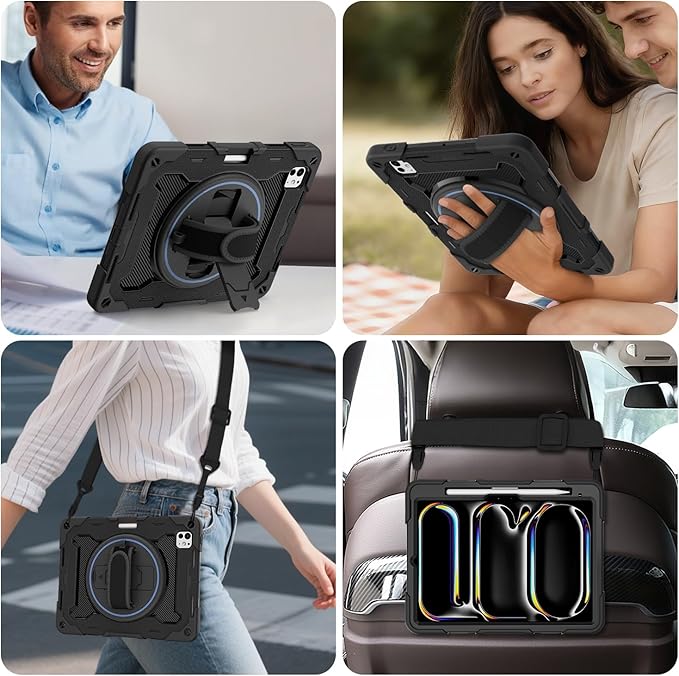 iPad Pro 11 Inch Case M5 2025/M4 2024, Heavy Duty Shockproof Protective Case with Screen Protector, 360° Rotating Stand Hand Strap Shoulder Strap Kids Cover Apple Pencil Holder