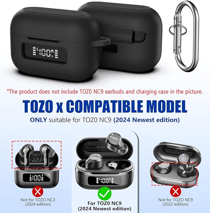 for TOZ0 NC9(2024) Case Cover, Silicone Protective Battery Display Visible Design Cover ONLY for TOZO NC9 Hybrid Active Noise Cancelling Wireless Earbuds 2024 Version with Carabiner-Black