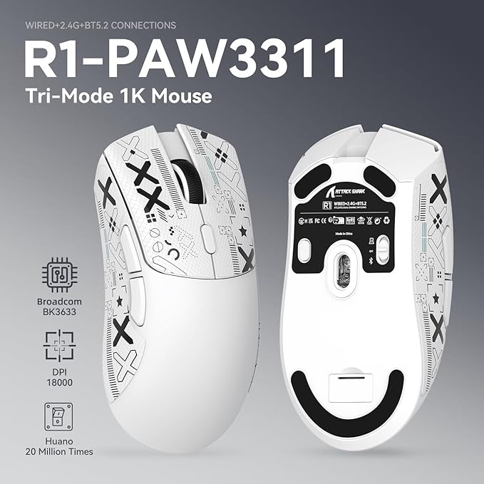 ATTACK SHARK X68 HE Wired Rapid Trigger Mechanical Gaming Keyboard and R1 Mouse with Adjustable Actuation,Coiled Cable,USB C/2.4Ghz Wireless/BT Ultralight 18K DPI Mice for Esport Gamer(White Contour)