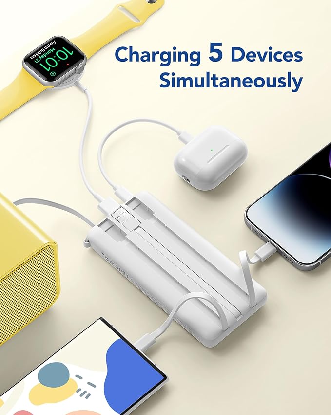 VRURC Portable Charger, Built-in Cables Power Bank 10000mAh, LED Display Slim USB C Battery Pack with 5 Output 2 Input for iPhone, Samsung, Android etc-White(1 Pack)