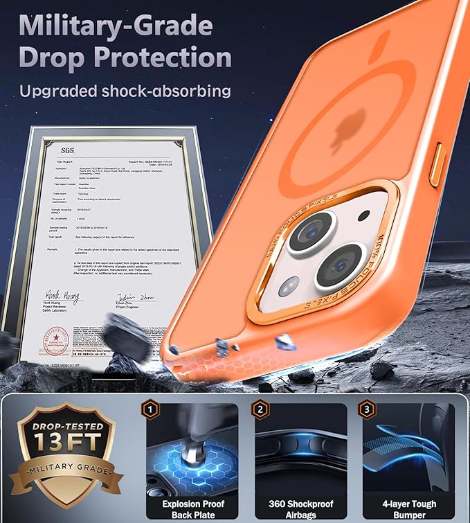 Newfuture Magnetic for iPhone 15 Case [Compatible with Magsafe] [Military Grade Drop Protection] Translucent Matte Anti-Fingerprint Shockproof Phone Case for iPhone 15 6.1 inch, Orange