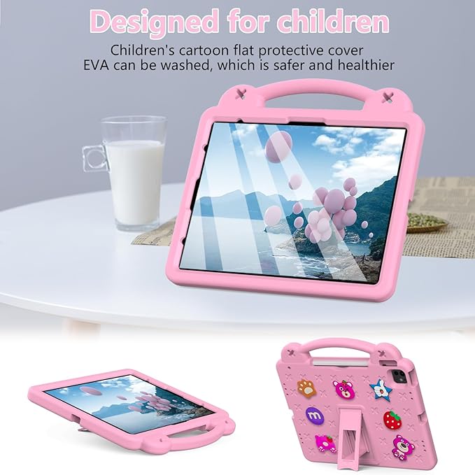 Cute Kids Case for Apple iPad Air 13" M4 M3 M2 2026 2025 2024/ iPad Pro 13 2025 2024/ Pro 12.9 2022/2021/2020/2018, DIY Figures Kickstand EVA Handle Case with Shoulder Strap Shockproof Cover,Pink