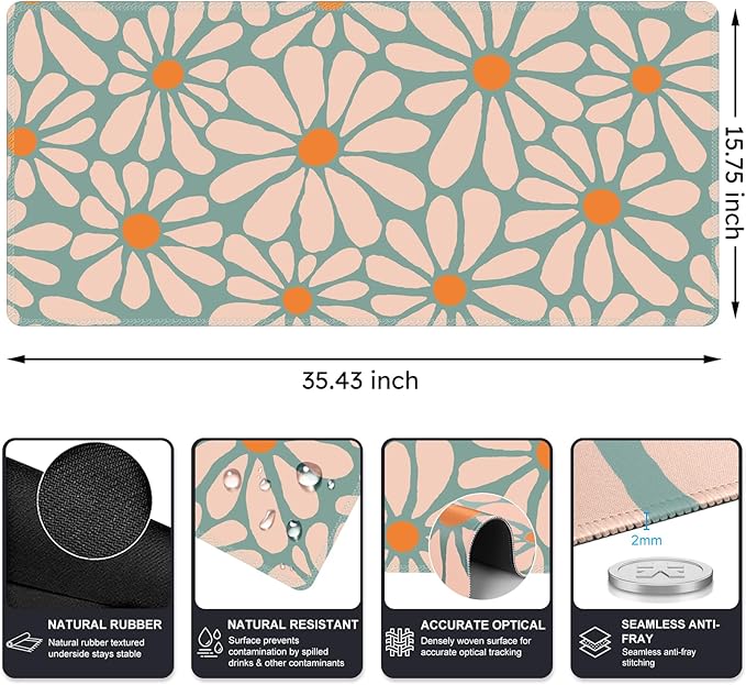 iCasso Desk Mat, XXL Large Mouse Pad, Anti-Slip Big Mousepad with Stitched Edges, Work & Gaming (Green Floral)