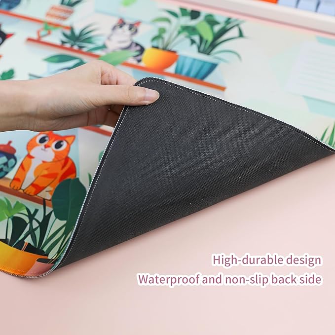 PERFECTSIGHT Cute Cat Desk Pad Kawaii Plant Kitty Desk Mat, Large Gaming Mouse Pad, Funny Deskmat Mousepad, Laptop Keyboard Pad Office Home Decor for Women Girls, Green