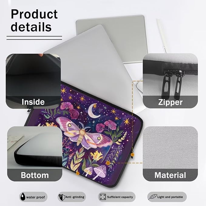 Butterfly Mushroom Laptop Protective Sleeve for Women 17 inch Computer Sleeve Bag Cute Portable Lap Top Case Suitable for Travel School Office Neatly Organizers Purple