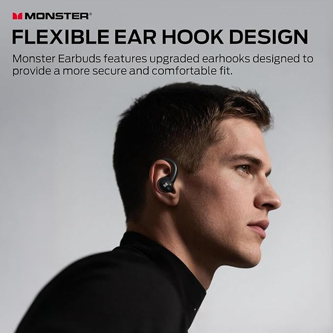 Monster N-Lite 216 Wireless Earbuds, Sports Earbuds with Earhooks, Noise Cancelling Headset, Stereo Deep Bass Over Ear Buds 48H Playtime, IPX6 Waterproof Earphones for Sports/Running/Workout（Black）
