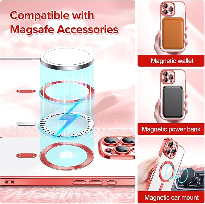 Hython Magnetic Clear for iPhone 16 Pro Max Case with Camera Lens Protector [Compatible with MagSafe] Plating Edge Slim Soft TPU Cover Protective Phone Case for iPhone 16 Pro Max 6.9", Red