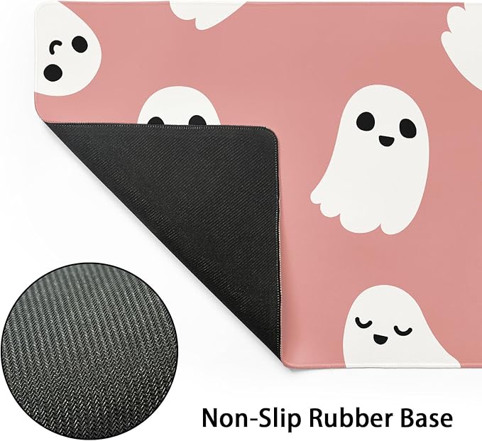 Halloween Cute Ghost Mouse Pad Kawaii Cartoon Spooky Funny Spirit Extended Desk Mat Non-Slip Rubber Base Stitched Edge Large XL Pink White Mousepad for Desk Gaming Laptop Desktop,31.5×11.8 Inch