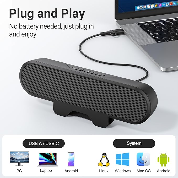 Inwa Computer Speakers for Desktop PC, USB Monitor Speaker Bar with Clip-On, Wired Desk Speakers with HD Stereo Loud Sound, Laptop Speaker Mini Sound Bar, Easily Clamps to Monitor