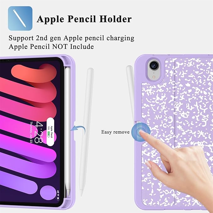 Supveco Case for iPad mini 7 (A17 Pro) 2024/iPad Mini 6 2021 8.3 Inch with Pencil Holder-[Auto Wake/Sleep],Slim Protective Case with Soft TPU Back Cover for iPad mini 7th/6th Generation-Lilac