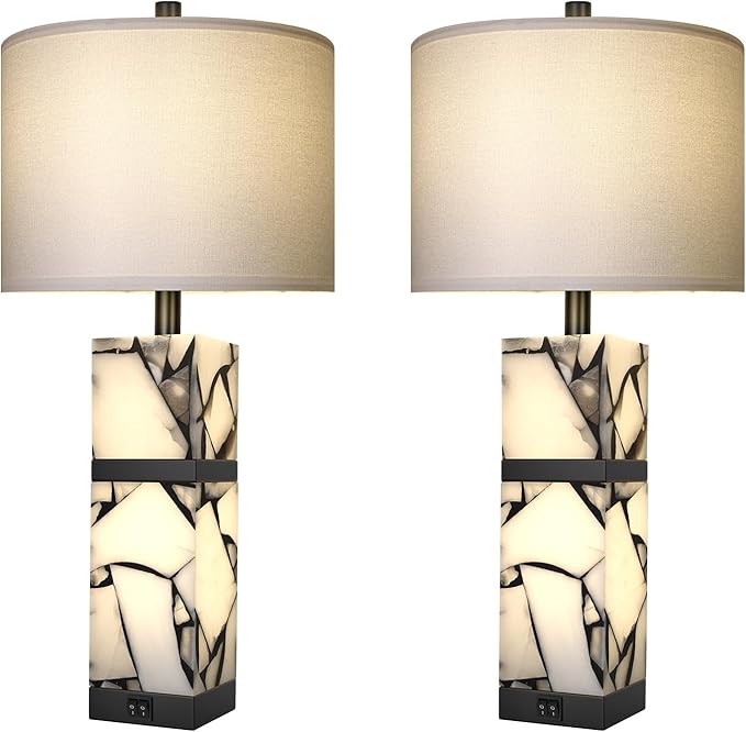 Scenekoy 27" Alabaster Table Lamps Set of 2 with Night Light for Living Room Bedroom, Nightstand Lamps with Linen Shade, Modern Bedroom Lamps with USB A+C Ports for Living Room Office (Bulb Included)