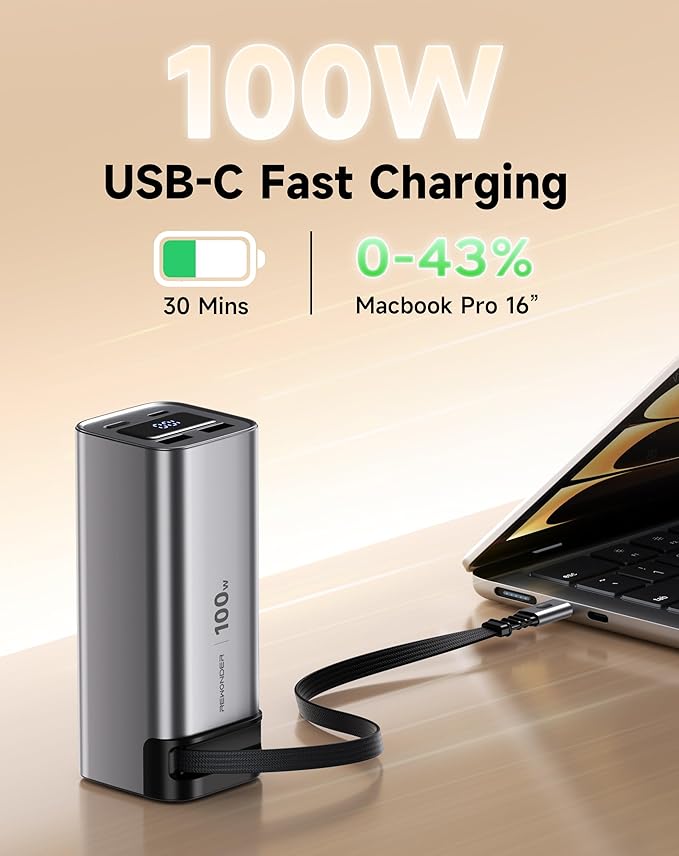 REWONDER 100W Power Bank Fast Charging 20000mAh with Built-in Retractable USB-C Cable, Portable Charger for MacBook Laptop, iPhone 17/16 Series, Samsung, TSA Approved for Air Travel