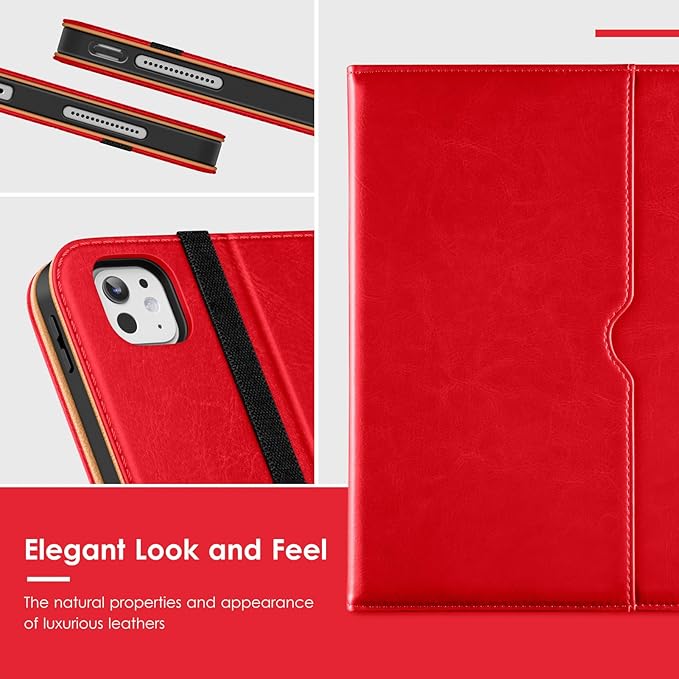 VIKESI Case for iPad Pro 13-inch M5 or M4 Released in 2025 or 2024, Leather Stand Cover with Apple Pencil Holder, Auto Wake/Sleep, Multiple Viewing Angles, Built in Hand Strap & Pocket,Bright Red