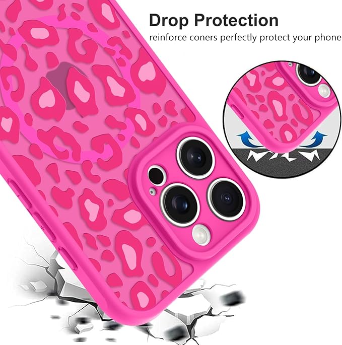 KANGHAR Case for iPhone 16 Pro Max Hot Pink Leopard Printed Pattern Cute Cheetah [Compatible with Magsafe] Protective Magnetic Case for Girls Women 6.9"