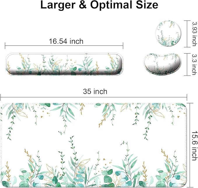 Keyboard Wrist Rest + Mouse Pad with Wrist Support + Desk Mat + Coaster 4 in 1 Set, XXL Large Gaming Mousepad Cute Ergonomic Mouse Pads for Desk Computer Laptop Office Decor-Eucalyptus