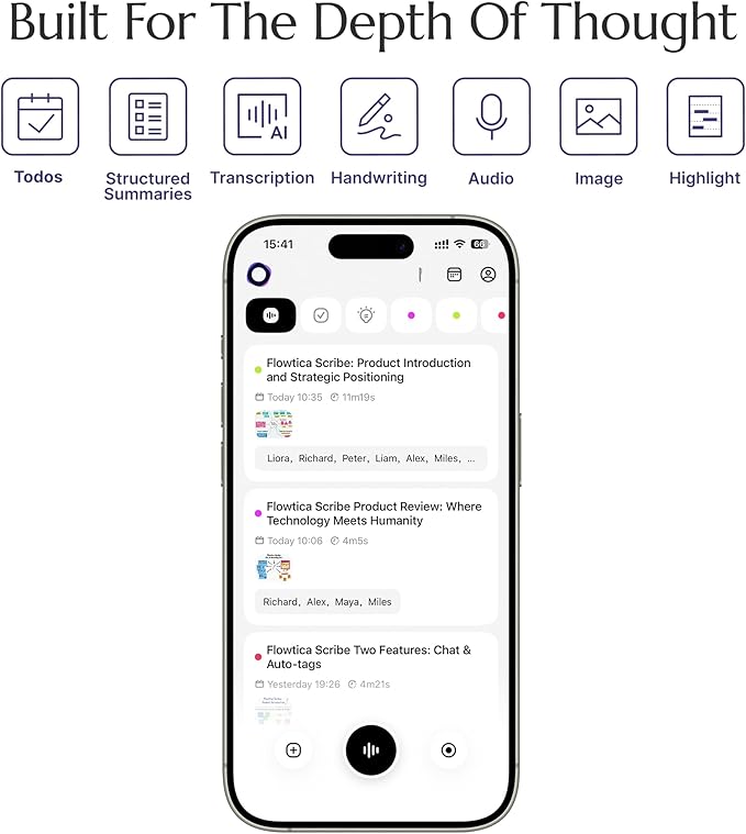 Flowtica Scribe AI Voice Recorder, App Control, Transcribe & Summarize, HiFi Audio with Noise Cancellation, Background Auto-Sync, Note Taker for Meetings & Lectures, Ultra-Slim, Pogopin Cable Included