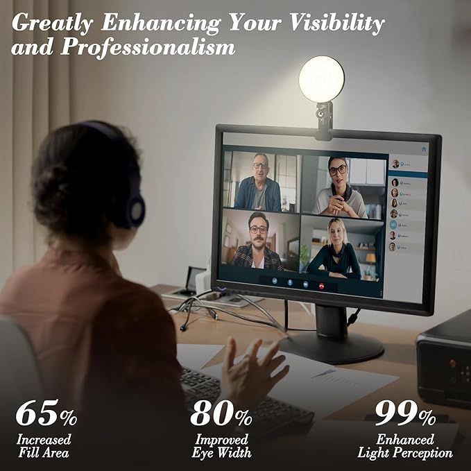 Mojimdo Lighting for Video Recording, Video Light Clip on Desktop Monitor, 3 Dimmable Color & 5 Brightness Level Webcam Light for Meet Lighting/Remote Working/Self Broadcasting/Live Streaming - 4.7''