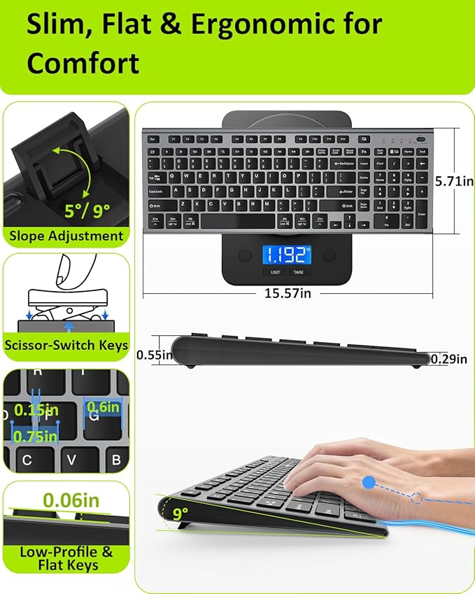 FENIFOX Wireless Silent Keyboard, Ultra Quiet USB C Low Profile Compact Full Size with Number Pad Flat Slim Thin Soft Touch for Mac Computer MacBook iMac PC Laptop Desktop Office (Black and Grey)
