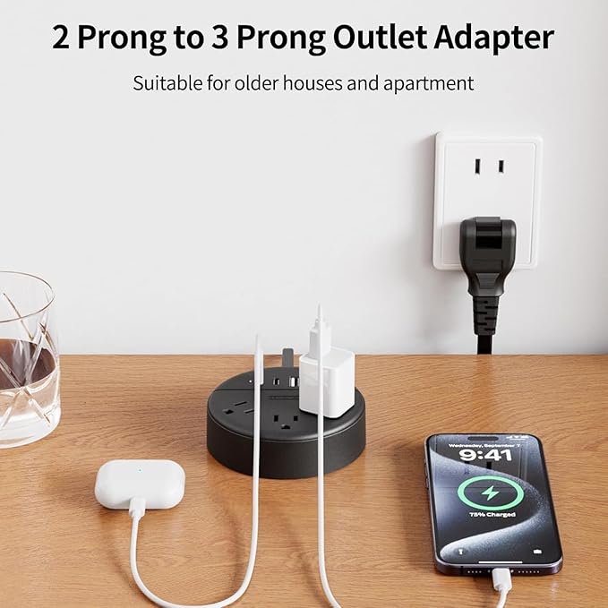 NTONPOWER 2 Prong Power Strip, 1875W 2 Prong to 3 Prong Outlet Adapter, 2 Prong Extension Cord 5 ft, Rotating Plug, Wall Mount, 3 Outlet 2 USB A+2 USB C, Two Power Strip for Travel, Older House, Dorm