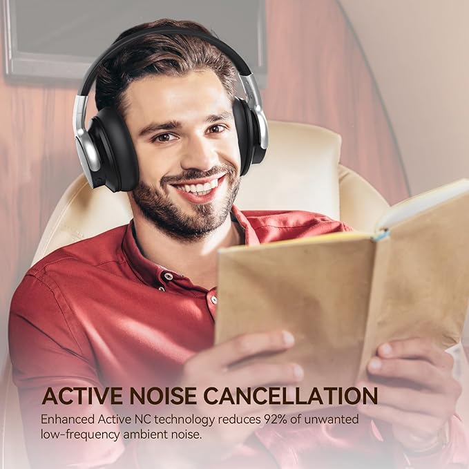 AUSDOM Bluetooth Noise Cancelling Headphones: E7 Wireless Over Ear ANC Headphones with Microphone, 50H Playtime, Hi-Fi Sound, USB C Charge, Comfortable Earpads for Travel Work Adults, Silver Black