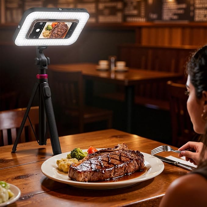 Tripod for iPhone with Light, Portable 15W Ring Light with Stand and Phone Holder for Video Recording, 6000mAh Magnetic Phone Tripod with Light 2500K-9000K for Food Hunt,Mukbang Video,Vlogging,CRI＞95