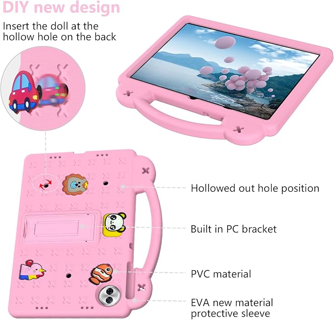 AKABEILA Compatible with Honor Pad 10 2025 12.1 inch Tablet Case, Kids Friendly Universal Lightweight Shockproof Protective Case with Shoulder Strap & Stand Handle Pink