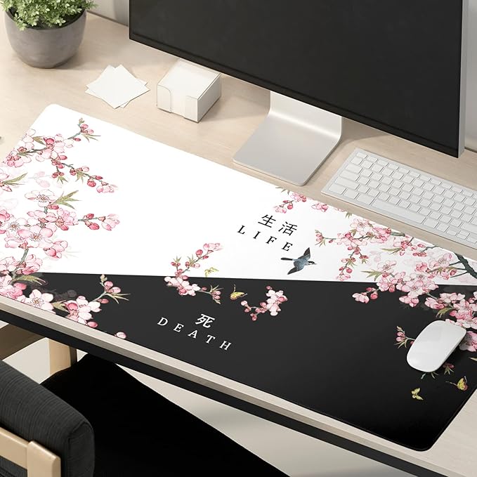 XXL Large Gaming Mouse Pad, Pink Sakura Death Life Extended Desk Pad Non-Slip Rubber Base 35.4x15.7in with Stitched Edges Waterproof Full Desk Pads Computer Gaming Mousepads for Work/Game/Office