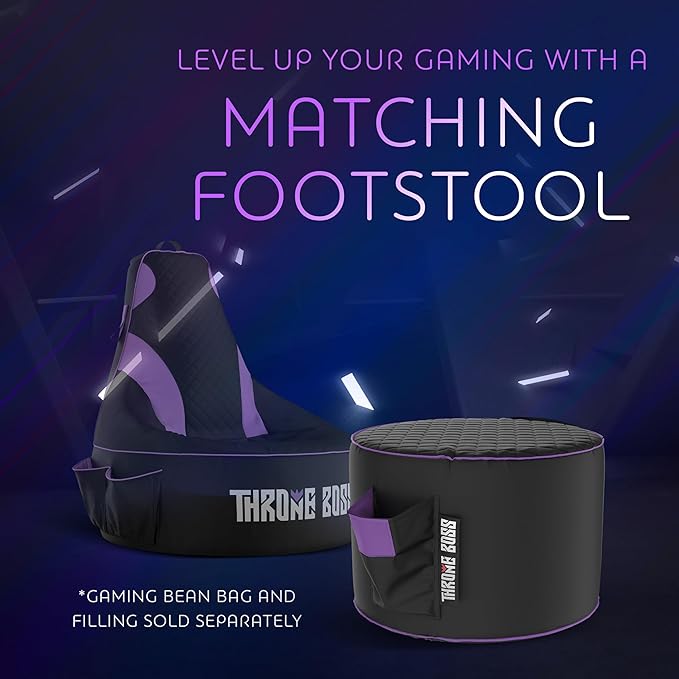 Throne Boss Gaming Footstool - Cover ONLY No Filling - Matching Bean Bag Chair Pouf/Ottoman - Round Gamer Foot Stool Footrest with Drink Holder (Purple)