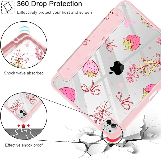 May Chen Case for iPad Pro 11-Inch M5/M4 2025/2024 (6th/5th Generation), Clear Transparent Print Back Shell Slim Stand Shockproof Tablet Cover, Auto Wake/Sleep, Strawberry Bow