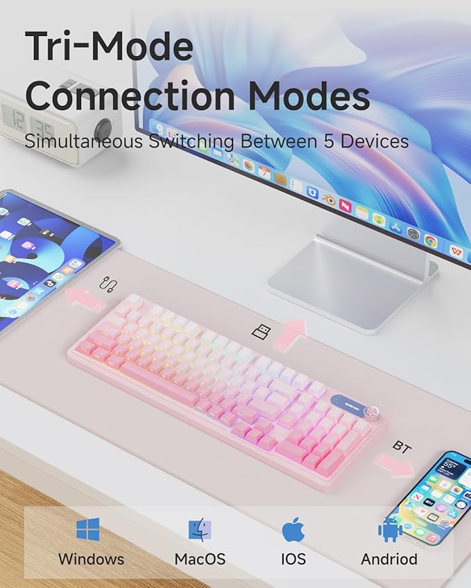 EWEADN V102 Wireless Keyboards, 98 Key Gaming Keyboard with Screen & Media Knob, Custom RGB Backlit, Tri-Mode BT5.0/2.4GHz/Wired Membrane Bluetooth Keyboard, Quiet Typing for PC/Mac-Gradient Pink