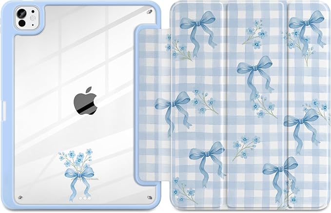 TWOLSKOO Case for iPad Pro 11-inch (M5 2025 / M4 2024), Clear Acrylic Back with TPU Bumper, Pencil Holder, Trifold Stand, Auto Sleep/Wake, Blue Gingham Bows